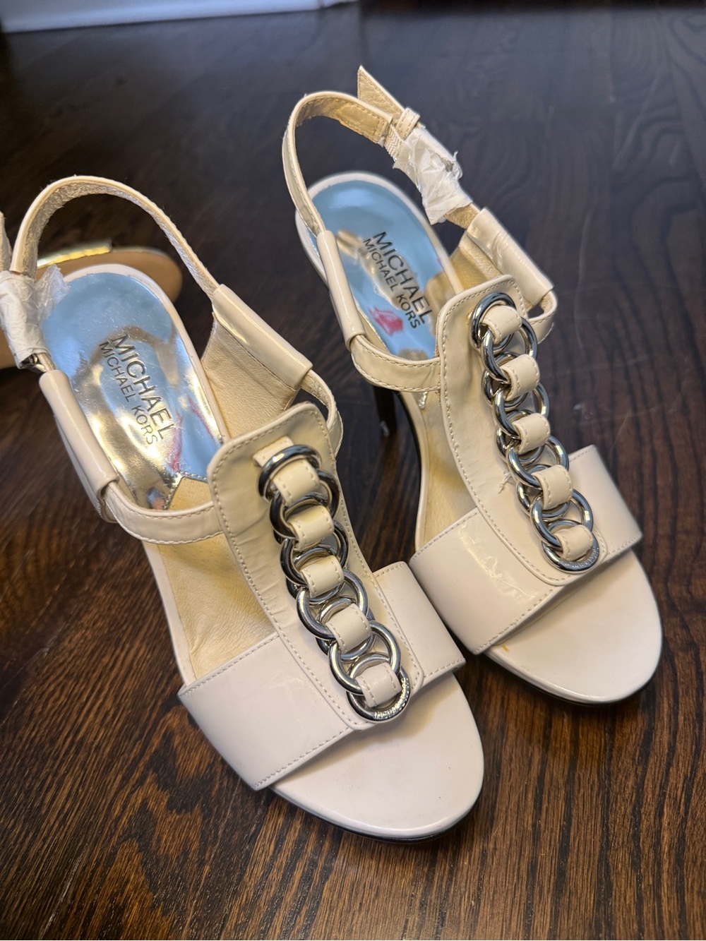Michael Kors Cream Patent Leather Chain-Front Slingback Heels